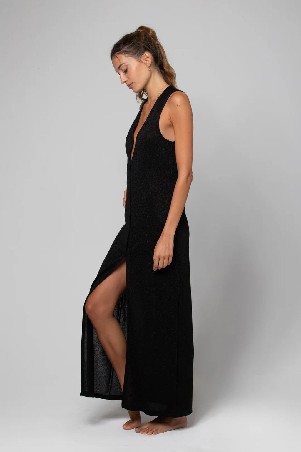 GILET LONG FENDU MAYA LUREX BLACK