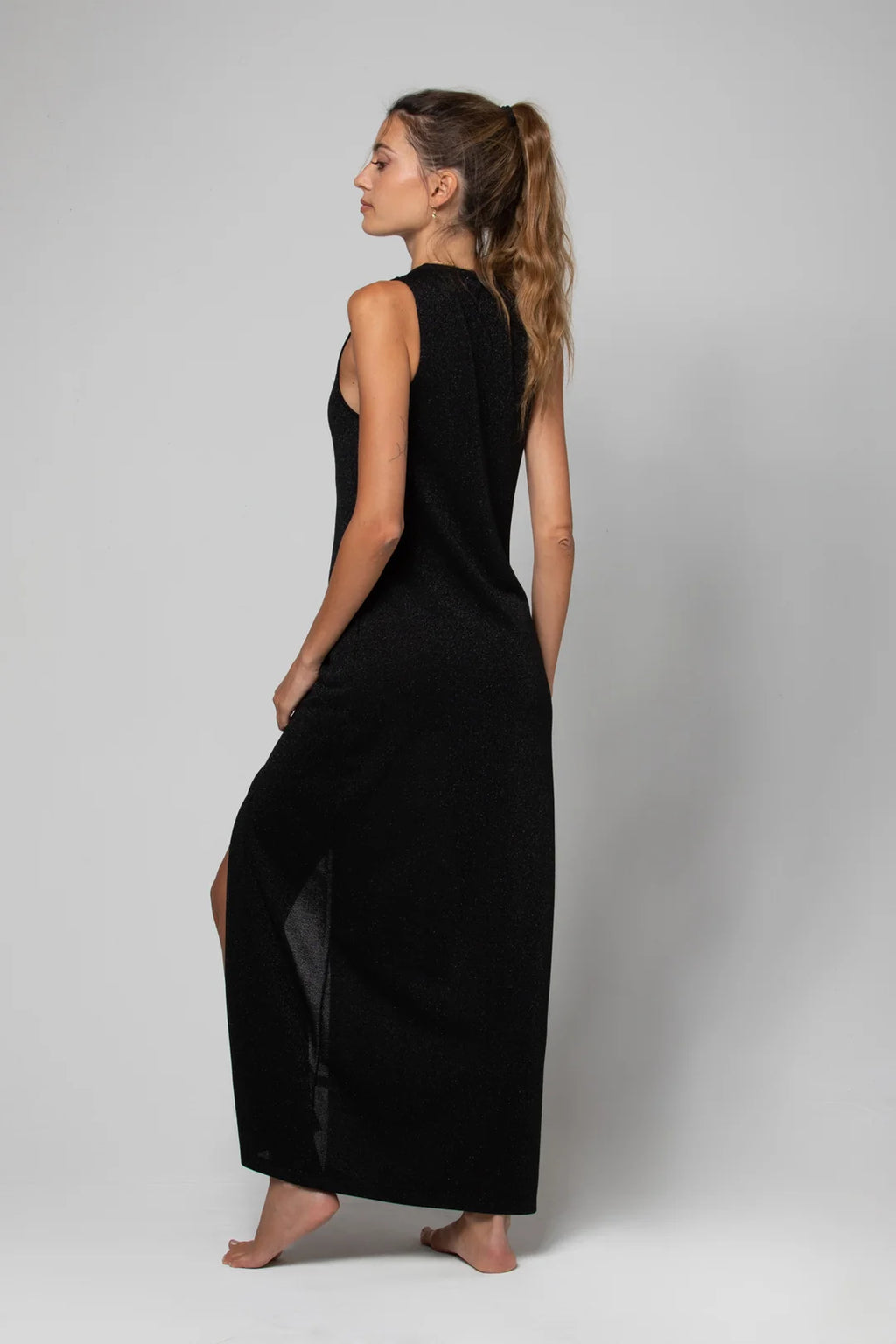 GILET LONG FENDU MAYA LUREX BLACK
